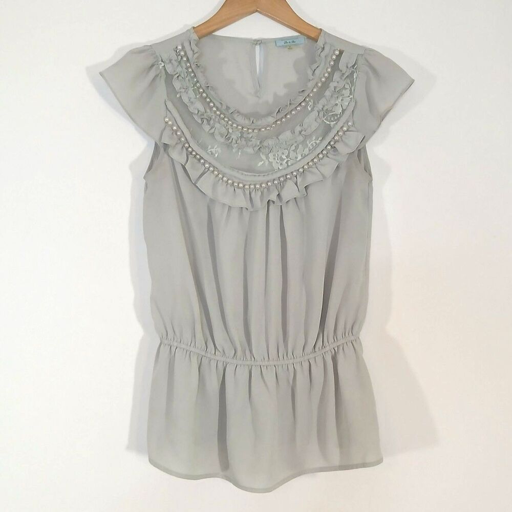Do & Be Grey Victorian Pearl Ruffle Chiffon Peplum Top Small Coquette Edwardian